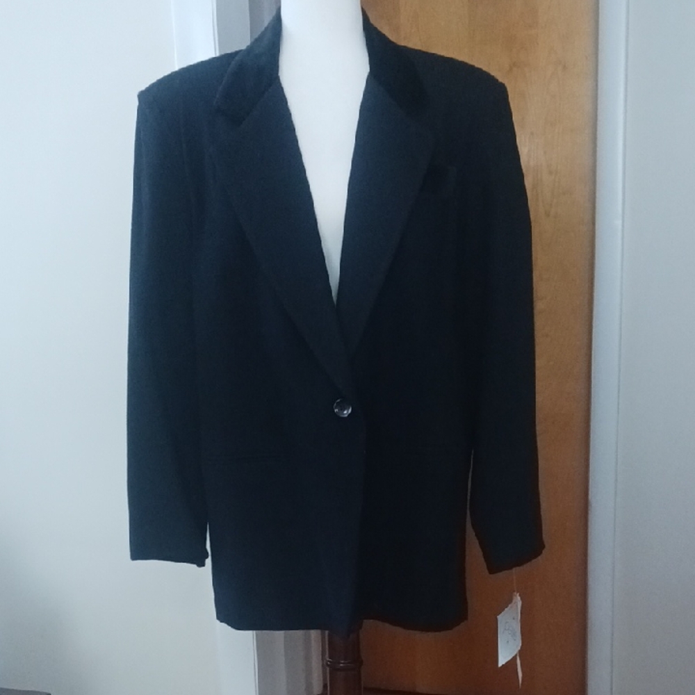 Vintage Blazer Jacket Lapels Notched Collar Velvet Wool Black Sz L